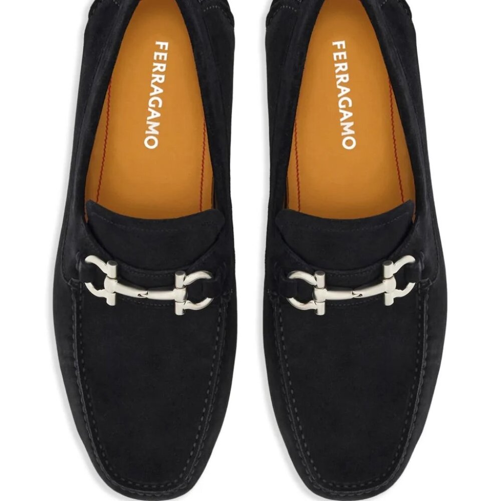 Ferragamo Blue Gancini Suede Driving Shoes